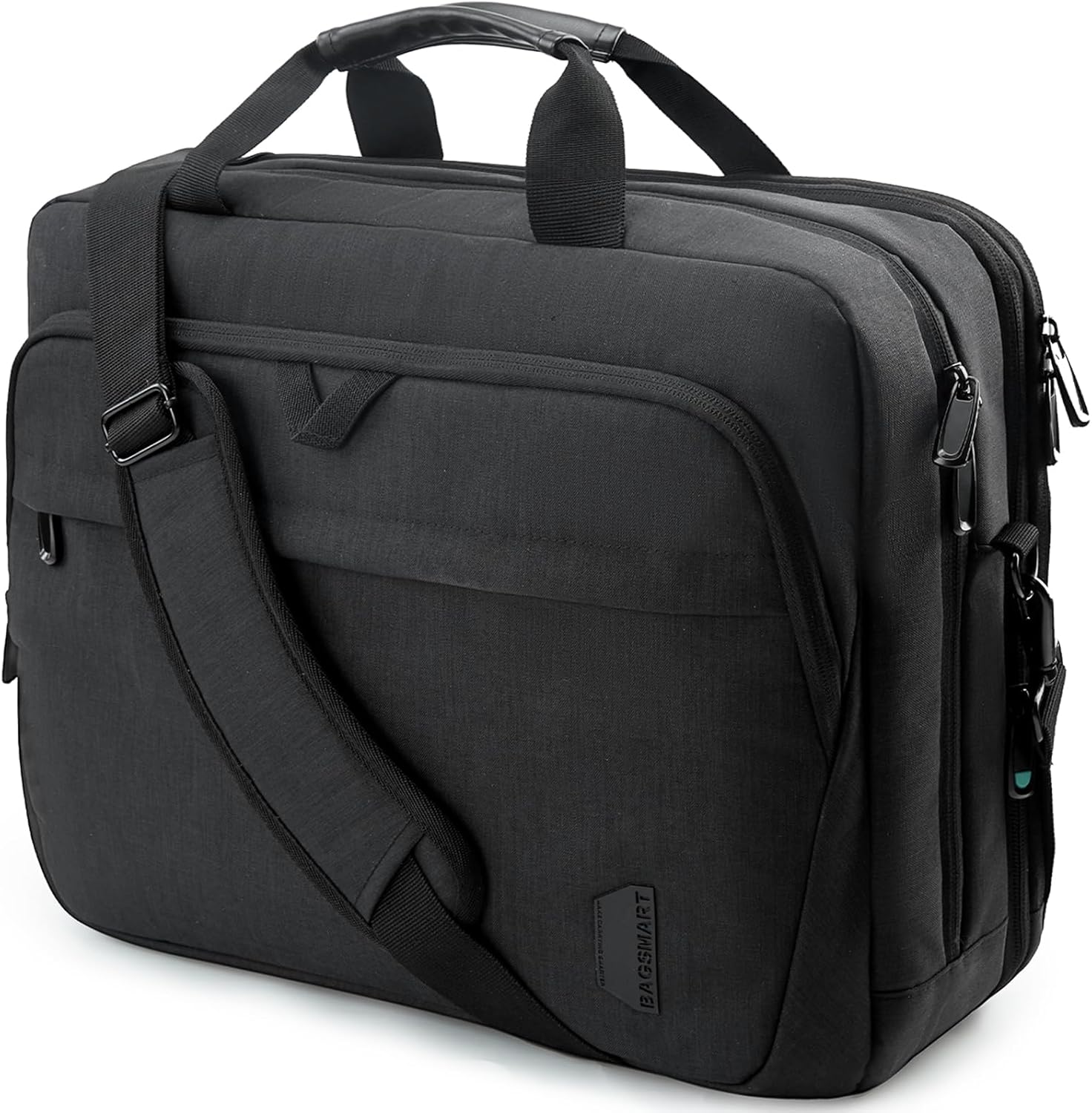 Bagsmart expandable laptop bag front view in black for professional business travel.
