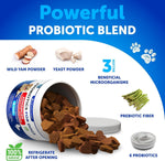 Back label of Artullano dog supplement detailing 6 probiotic strains and enzymes