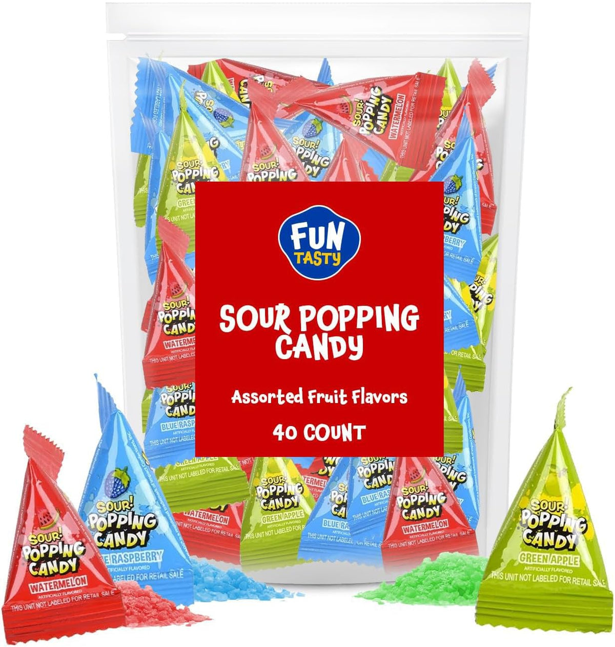 Close-up shot of the vibrant sour candy packaging highlighting the fun popping rocks texture and branding.