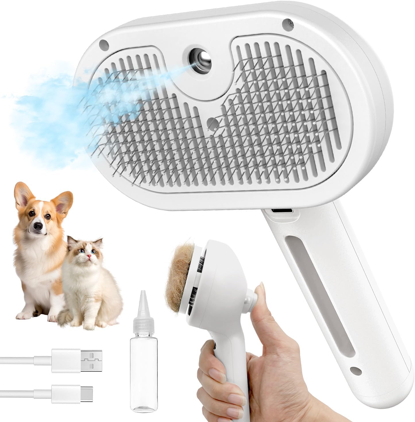 HeroKitty 3 in 1 self cleaning steam pet brush front view showing white ergonomic handle