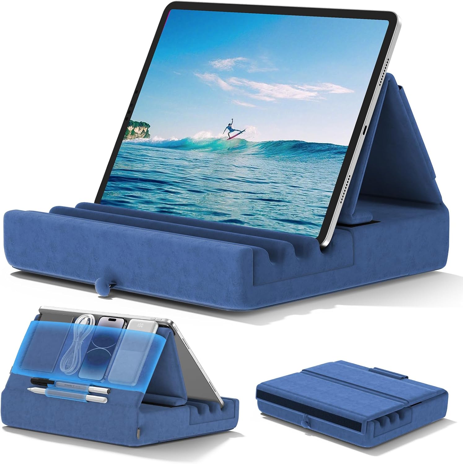 KDD tablet pillow holder front view showing green foldable cushion holding an iPad on a bed