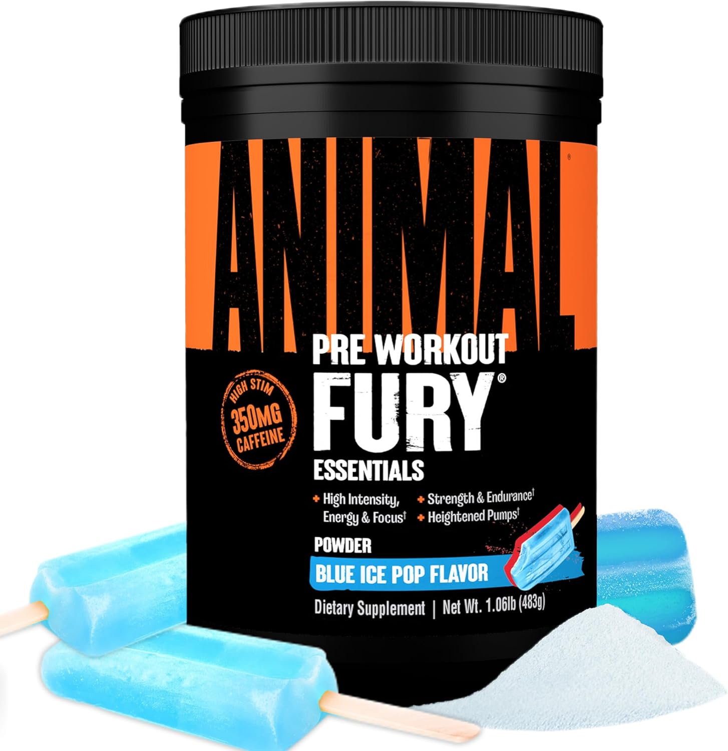 Animal Fury Pre Workout Powder Blue Ice Pop front view jar showing 350mg caffeine claim.