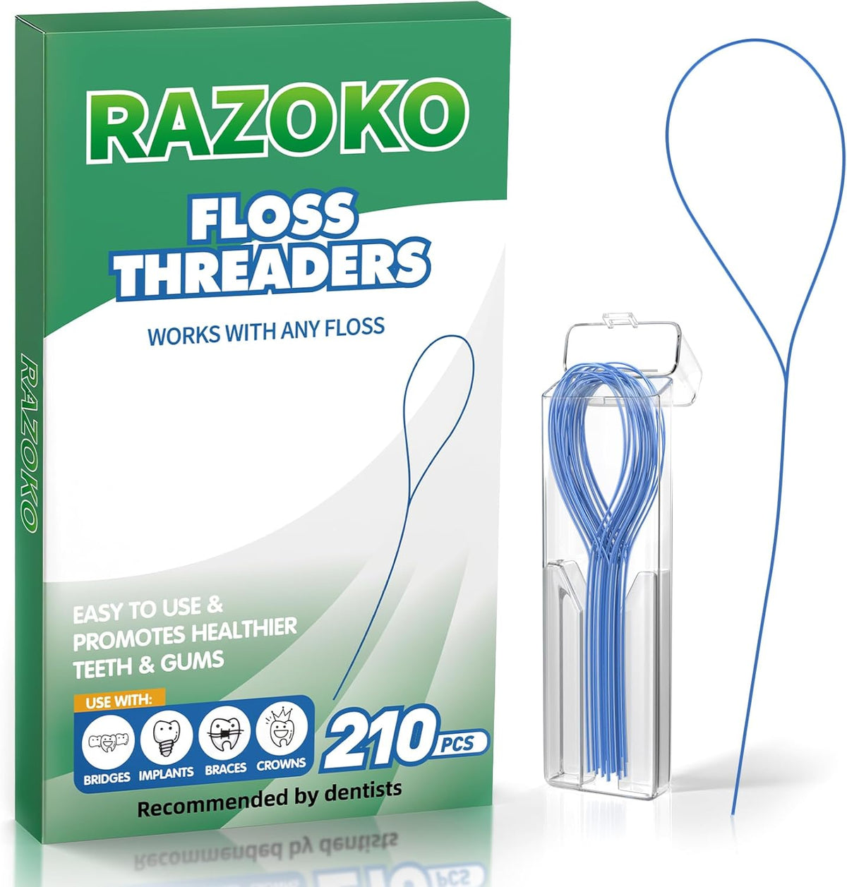 RAZOKO Dental Floss Threaders front view of 210 count pack for orthodontic care.