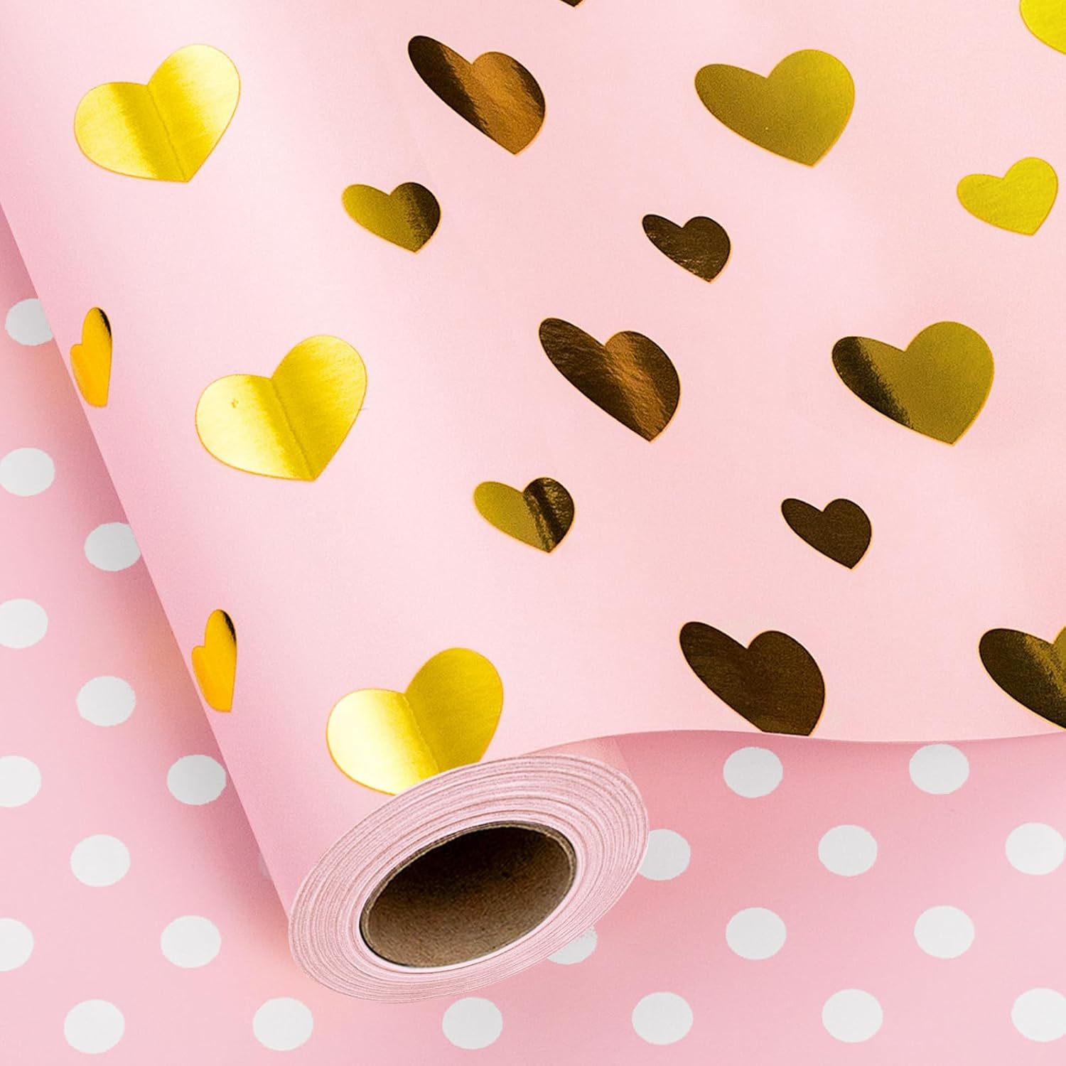 Yarcony pink wedding wrapping paper roll front view featuring gold foil hearts