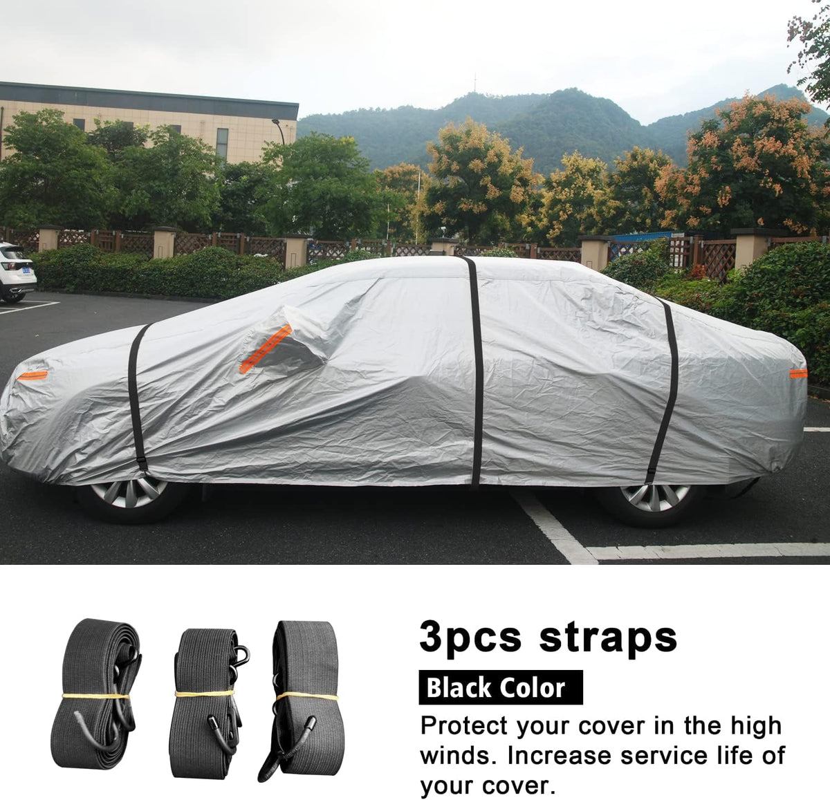 SEAZEN car cover tie down straps installed on wheel