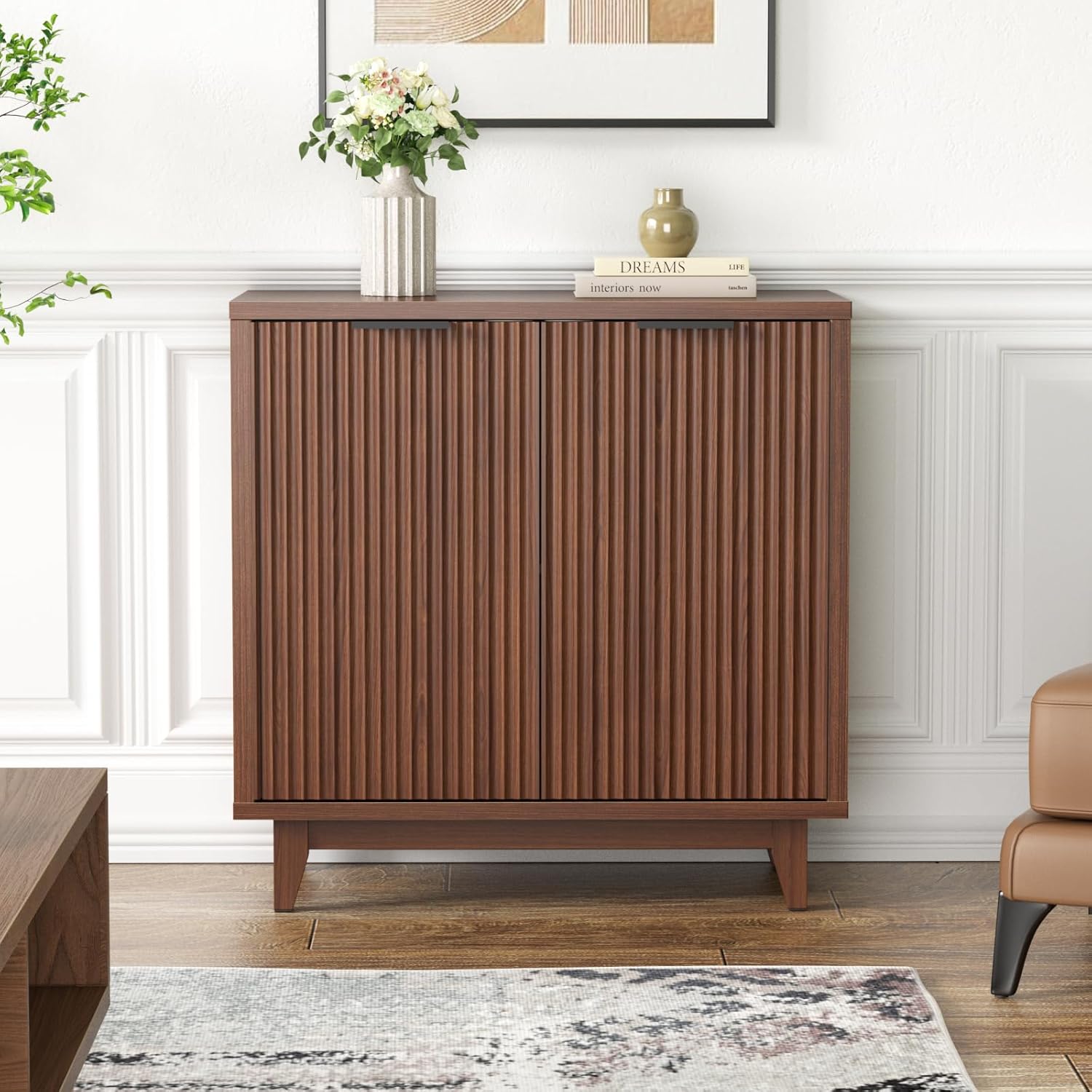 FiveWillowise fluted storage cabinet front view showcasing modern natural wood grain textured doors.