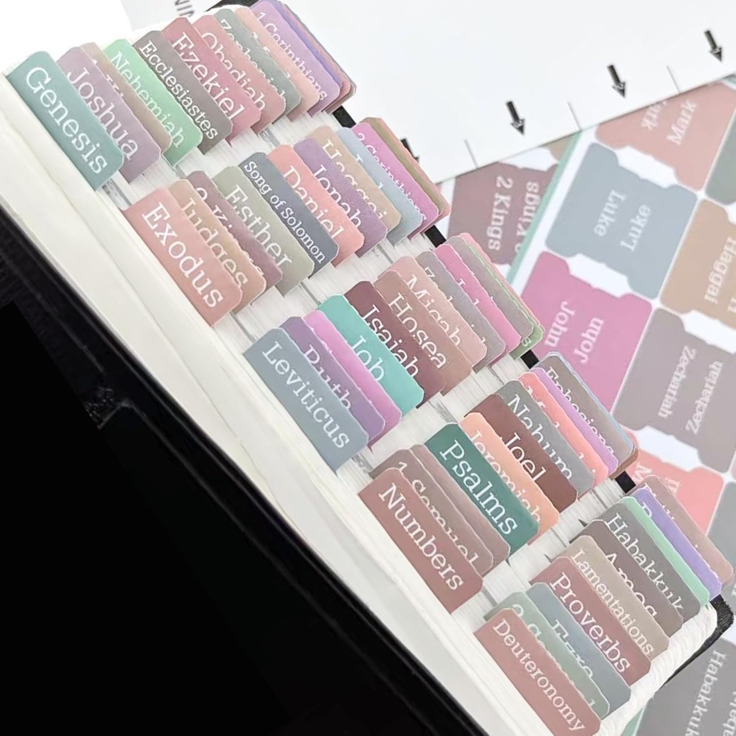Backtopeia Bible Tabs Boho Theme front packaging view showing pastel-colored sheets.