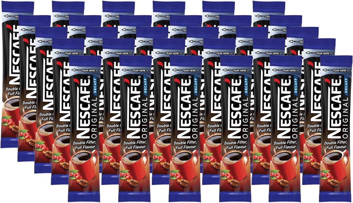 Nescafe original decaffeinated double filtered coffee sticks front view packaging