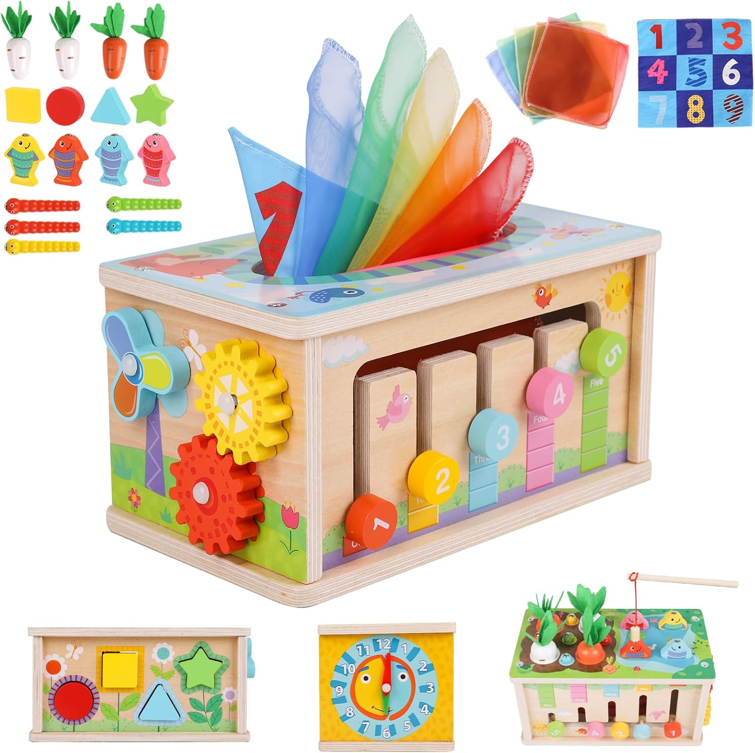 Ancaixin 6 in 1 Montessori Tissue Box Toy front view showcasing the wooden activity cube with colorful shape sorter pieces.