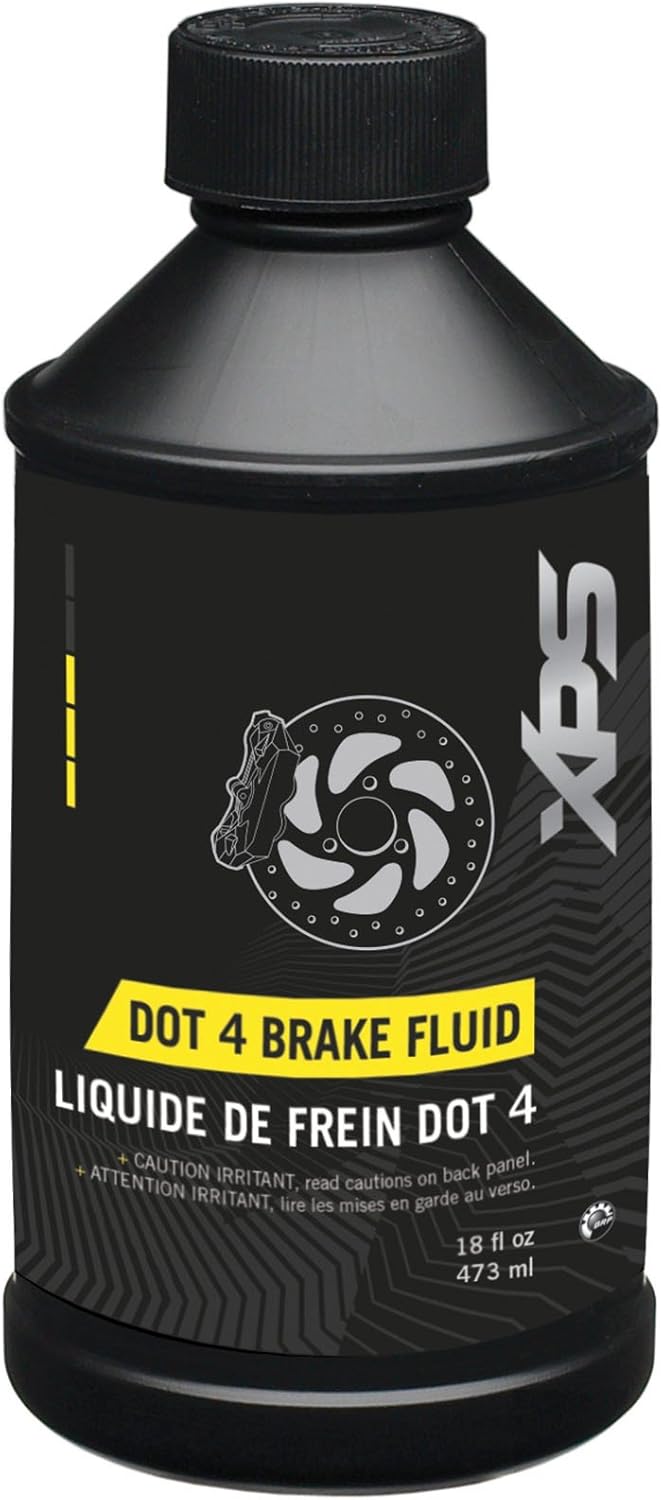 Ski-Doo OEM XPS DOT 4 Hydraulic Brake Fluid twelve ounce bottle front view for powersports brake maintenance.