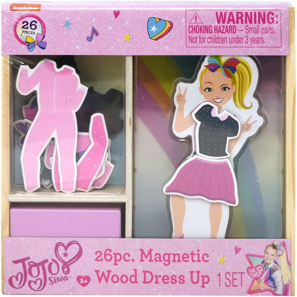 TCG Toys JoJo Siwa magnetic wood dress up set front view showing doll and outfits