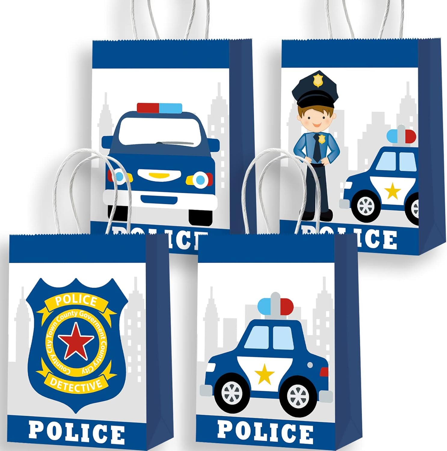 WQT Police Decoration Gift Bags pack of sixteen showing front view of cartoon cop car designs for kids birthday favors.