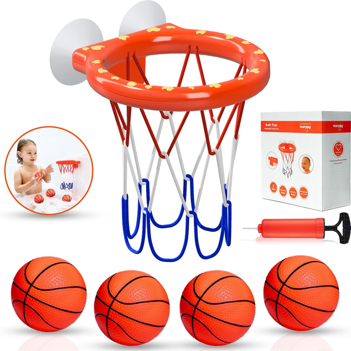 Marppy bath basketball hoop set with four soft balls front view