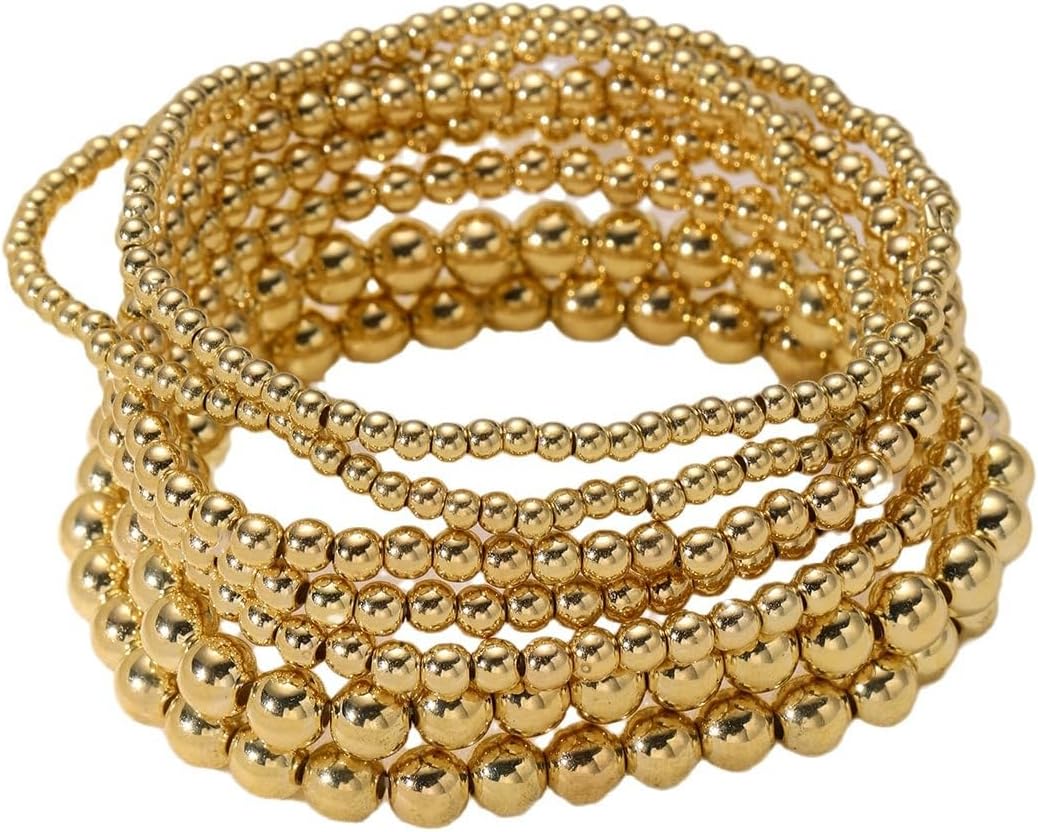 Kysin Chiys gold beaded bracelet set front view showing 14K gold plated stretch ball stack.