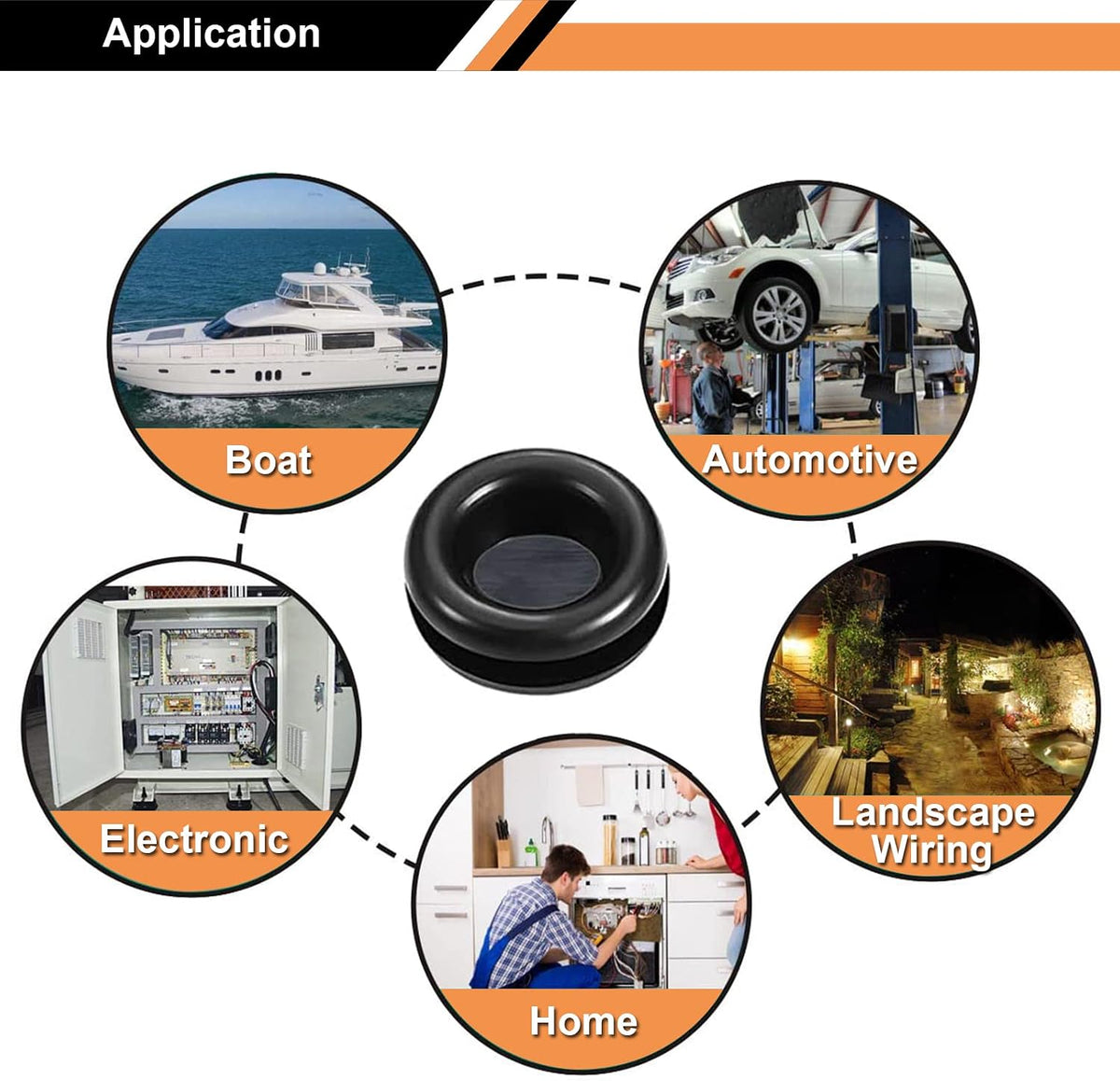 Side angle view of flexible round rubber grommets for plumbing and appliances