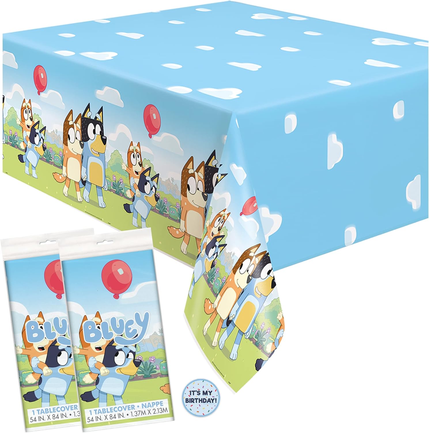 Unique Bluey birthday party supplies rectangular plastic table covers front view showing sky blue character design
