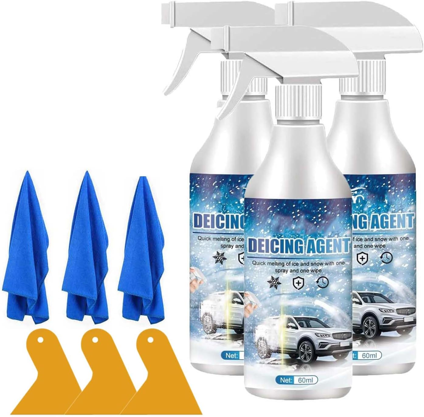 DOPZNJWF car windshield deicer spray three pack front view showing bottles and clearing accessories