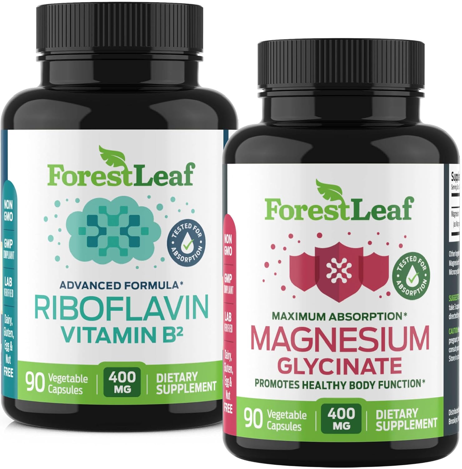 ForestLeaf Riboflavin & Magnesium Migraine Supplement - Riboflavin 400mg for Headache Relief - Ultimate Magnesium Glycinate Bundle with B2 Vitamin 400mg for Headache Migraine Relief Capsules - Image 1