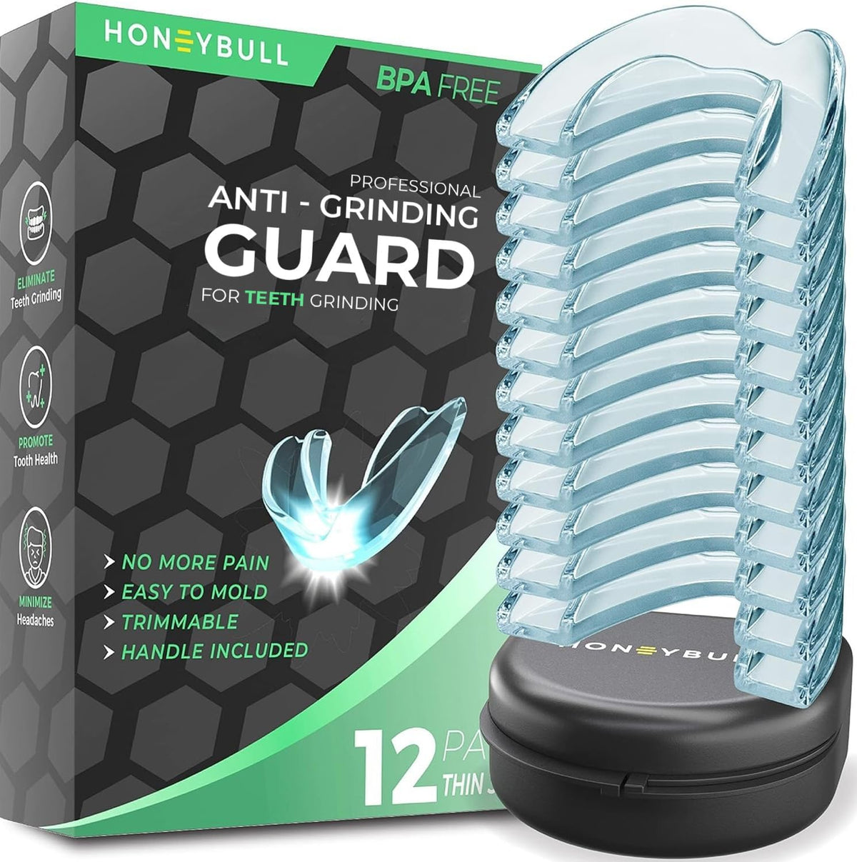 HONEYBULL anti grinding night guards front view packaging and storage case