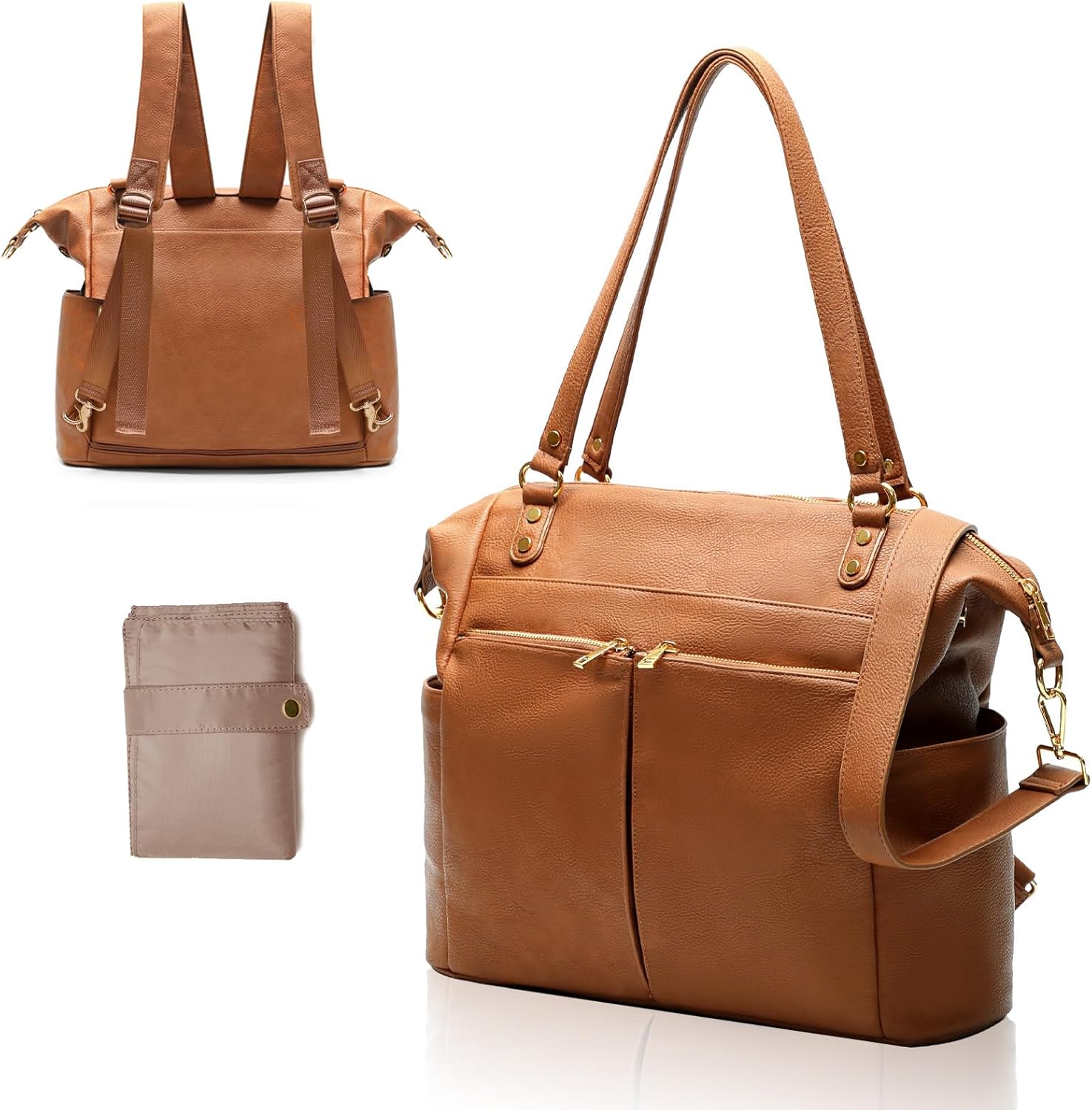 MOMINSIDE leather diaper bag backpack in brown front view for stylish parenting