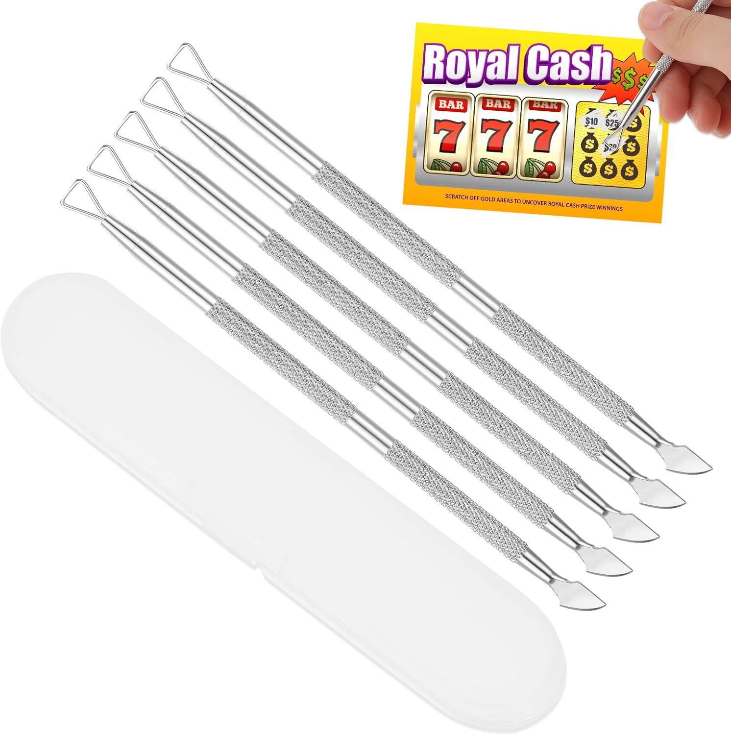 Ajcotahm Divina Vitae lottery ticket scratcher tool front view showing five premium stainless steel scrapers.