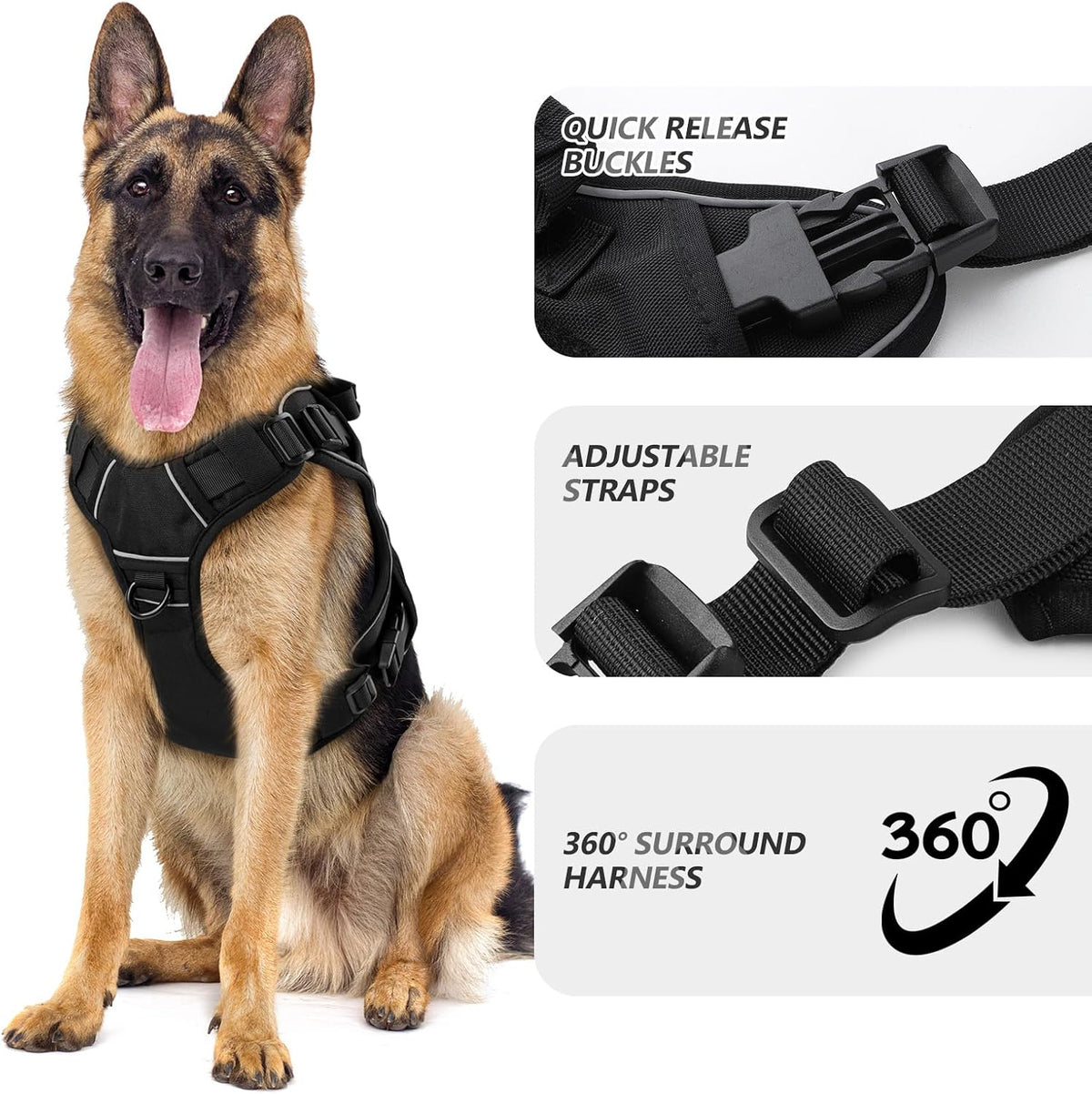 WINGOIN Black Tactical Dog Harness side angle display