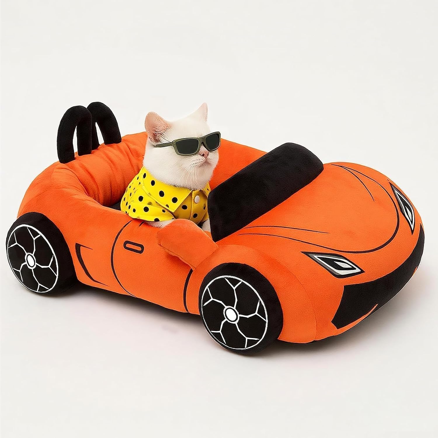 Viefin Supercar Cat Bed front view showing plush wheels.