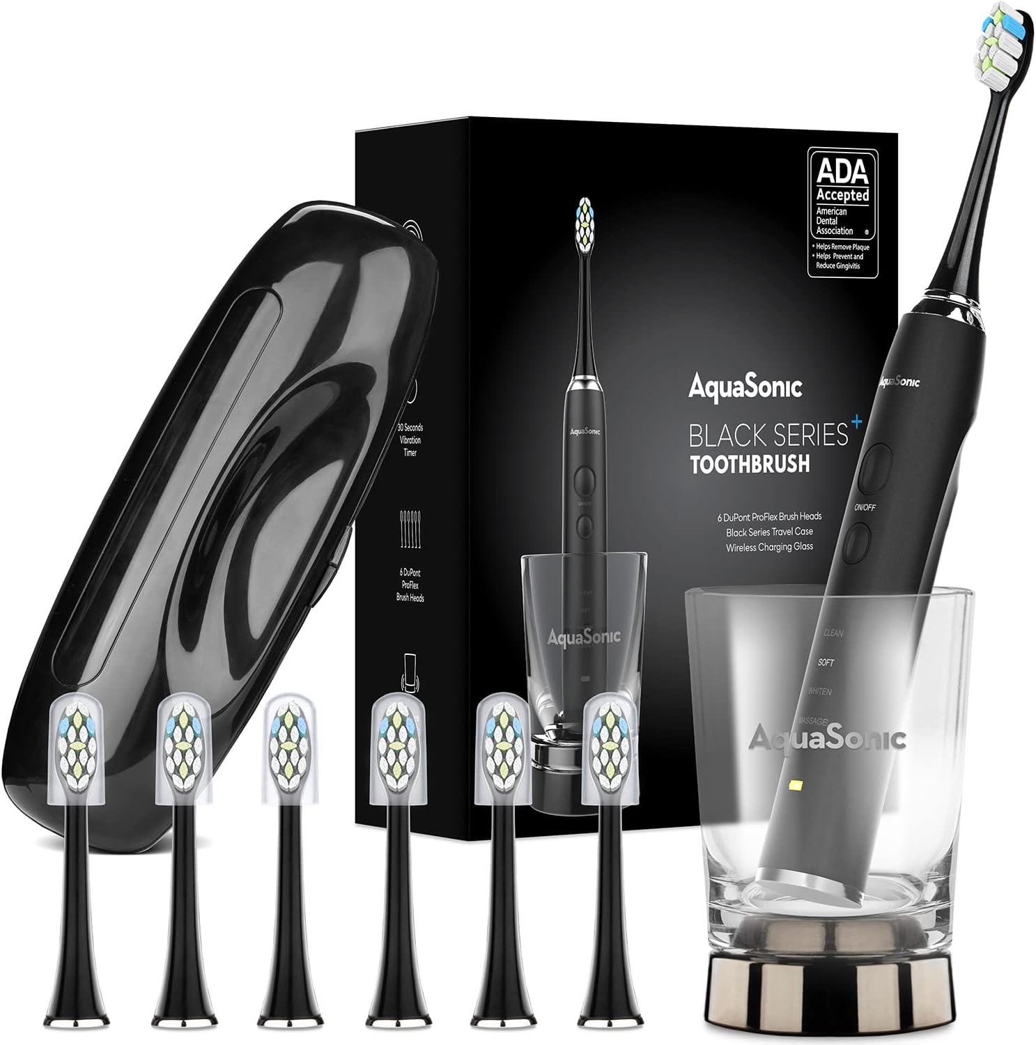 Aquasonic Black Series+ - Ultra Whitening 40,000 VPM Rechargeable Electric Toothbrush – ADA Accepted - Wireless Charging Glass - 6 Proflex Brush Heads & Travel Case – 4 Modes & Smart Timer - Image 1