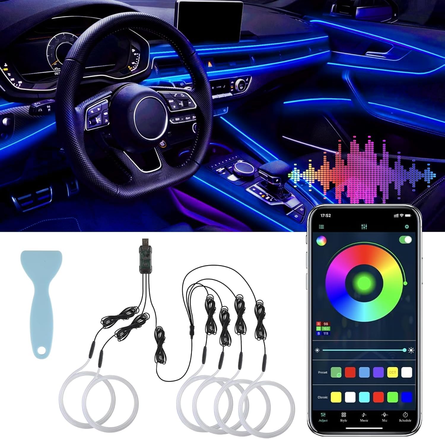 LivTee Smart LED Car Interior Ambient Lighting kit front view showing illuminated neon blue lines running across a luxury vehicle dashboard.