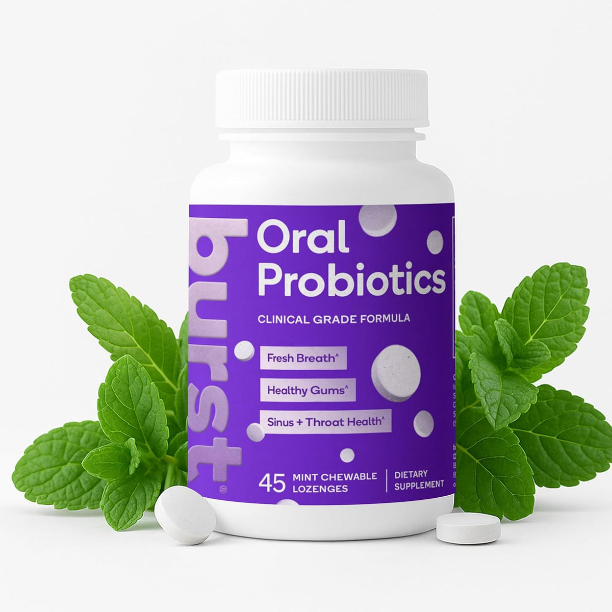 Burst Dental Probiotics 45 Count front bottle view for bad breath treatment.