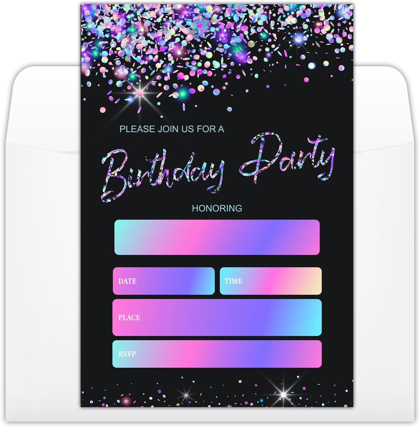 YUEXLL black and glitter birthday party invitations front view showing modern confetti theme design