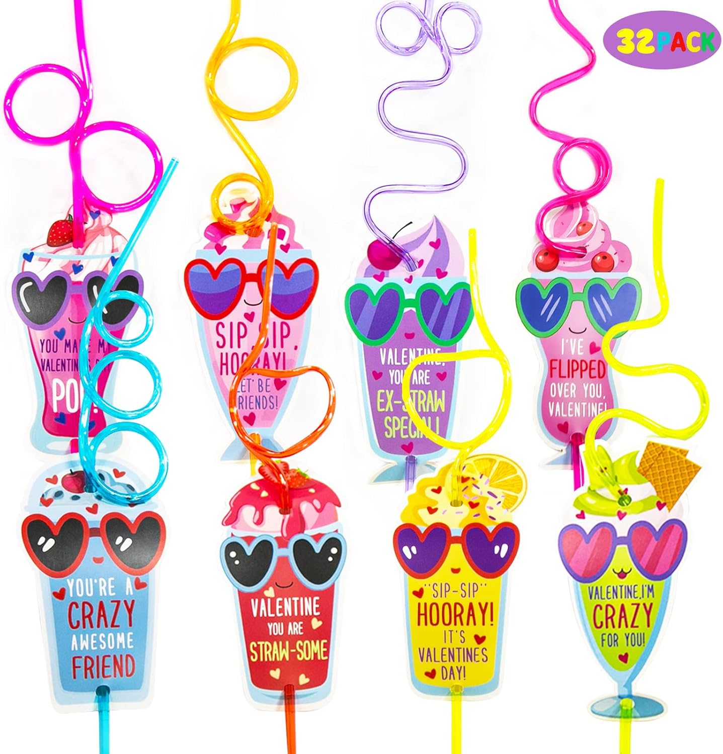 Oriental Cherry Valentines Day Cards for Kids front view showing colorful reusable crazy straws and cup themed greeting cards.