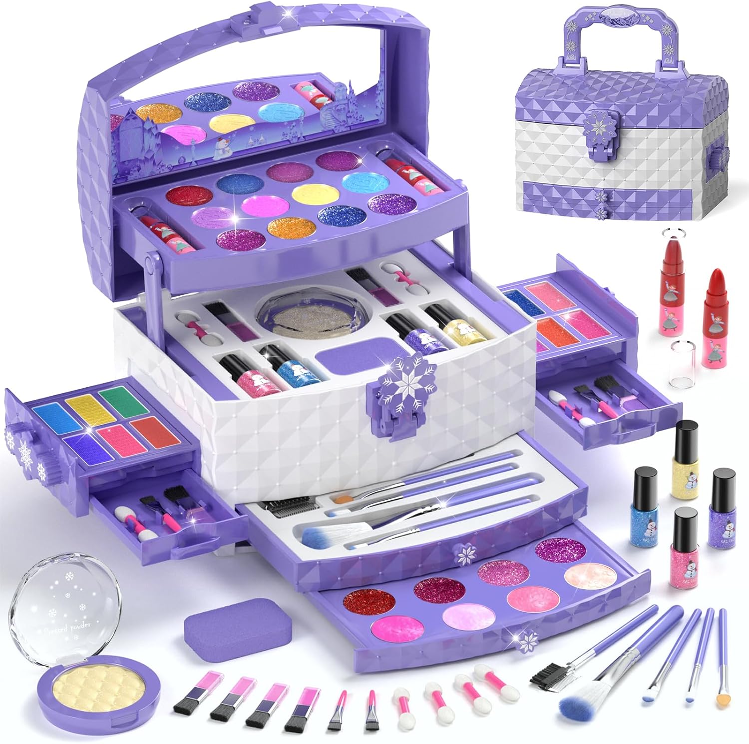 PERRYHOME Kids Makeup Set front view showcasing the purple Frozen-themed vanity case clasp