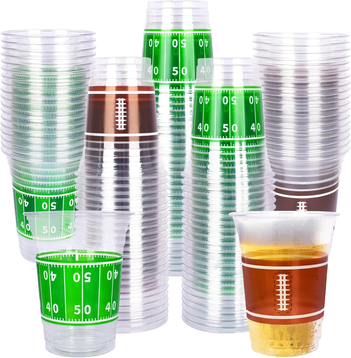 Gatherfun football plastic cups front view for sports party decorations.