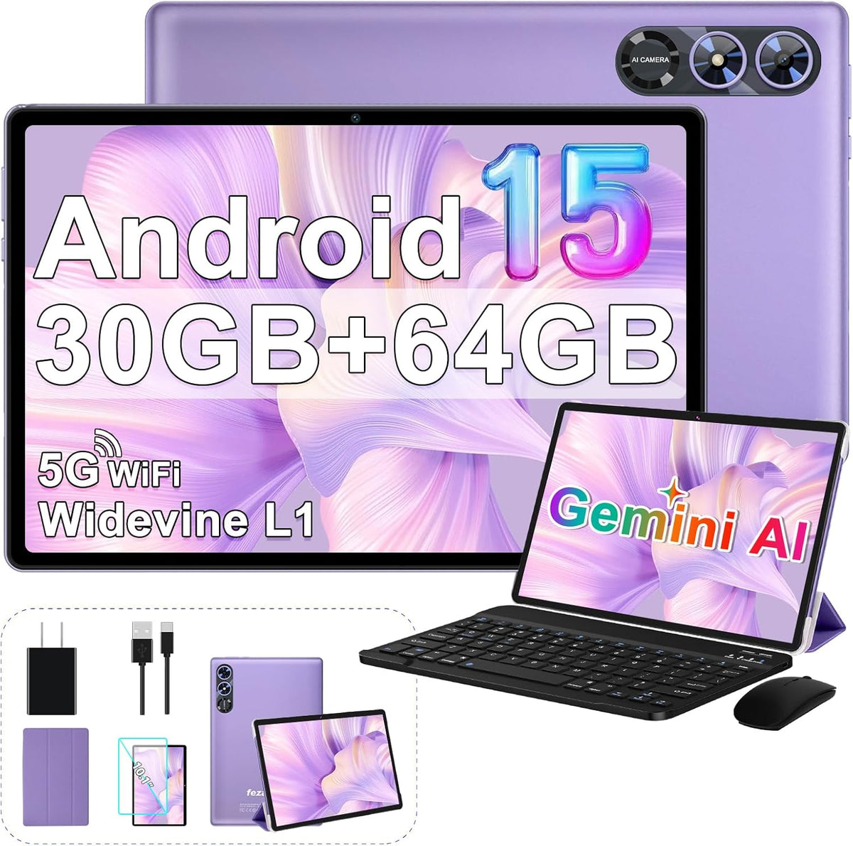 Fezawio 2026 Android 15 tablet violet front view with accessories