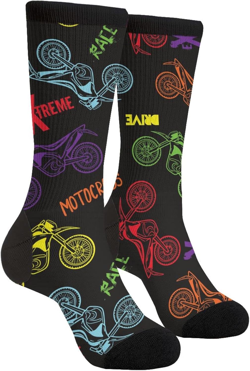 Sigouyinei casual funny funky novelty socks front view showcasing colorful motocross racing design