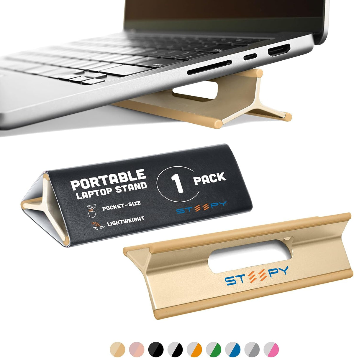 Steepy portable laptop stand front view in gladiator gold