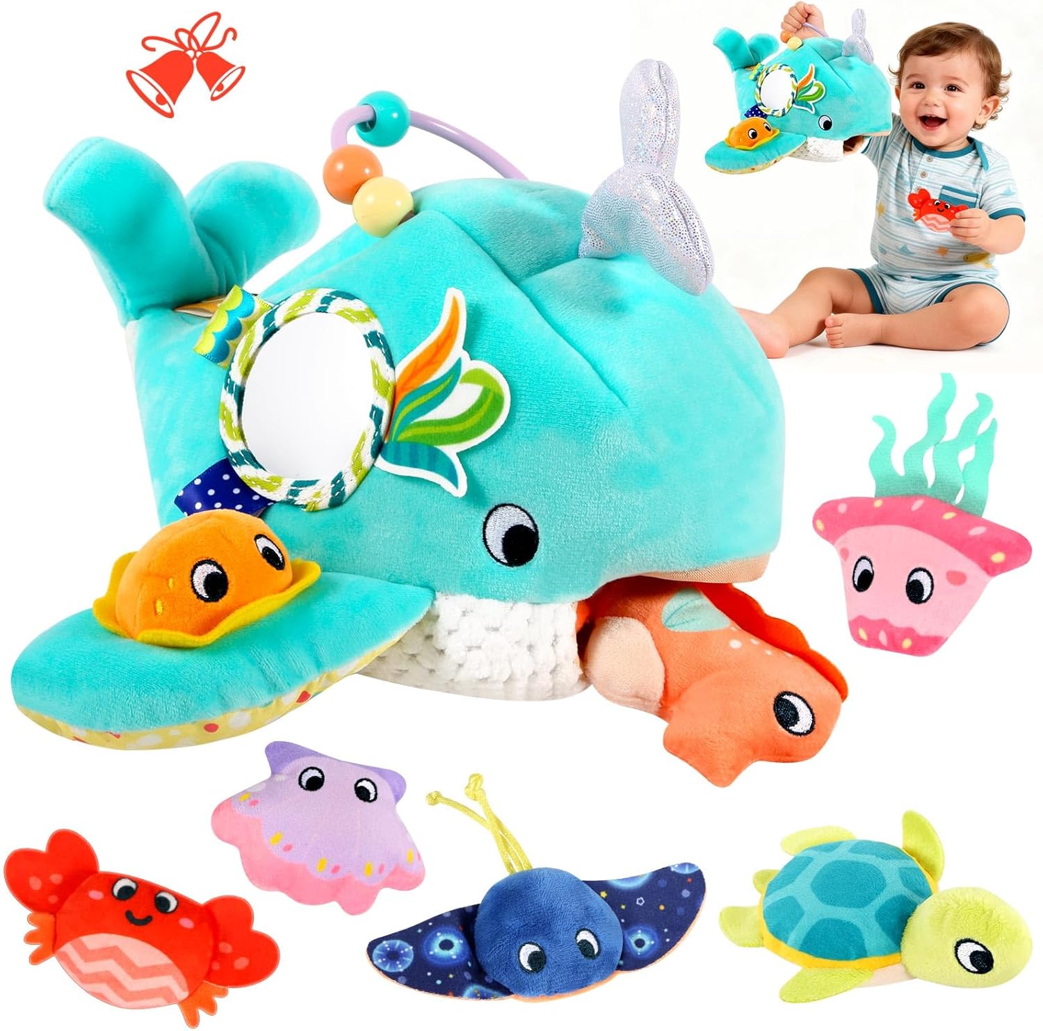 FREYBLI soft ocean adventure baby toy set front view showing large blue whale and six small plush sea creatures.