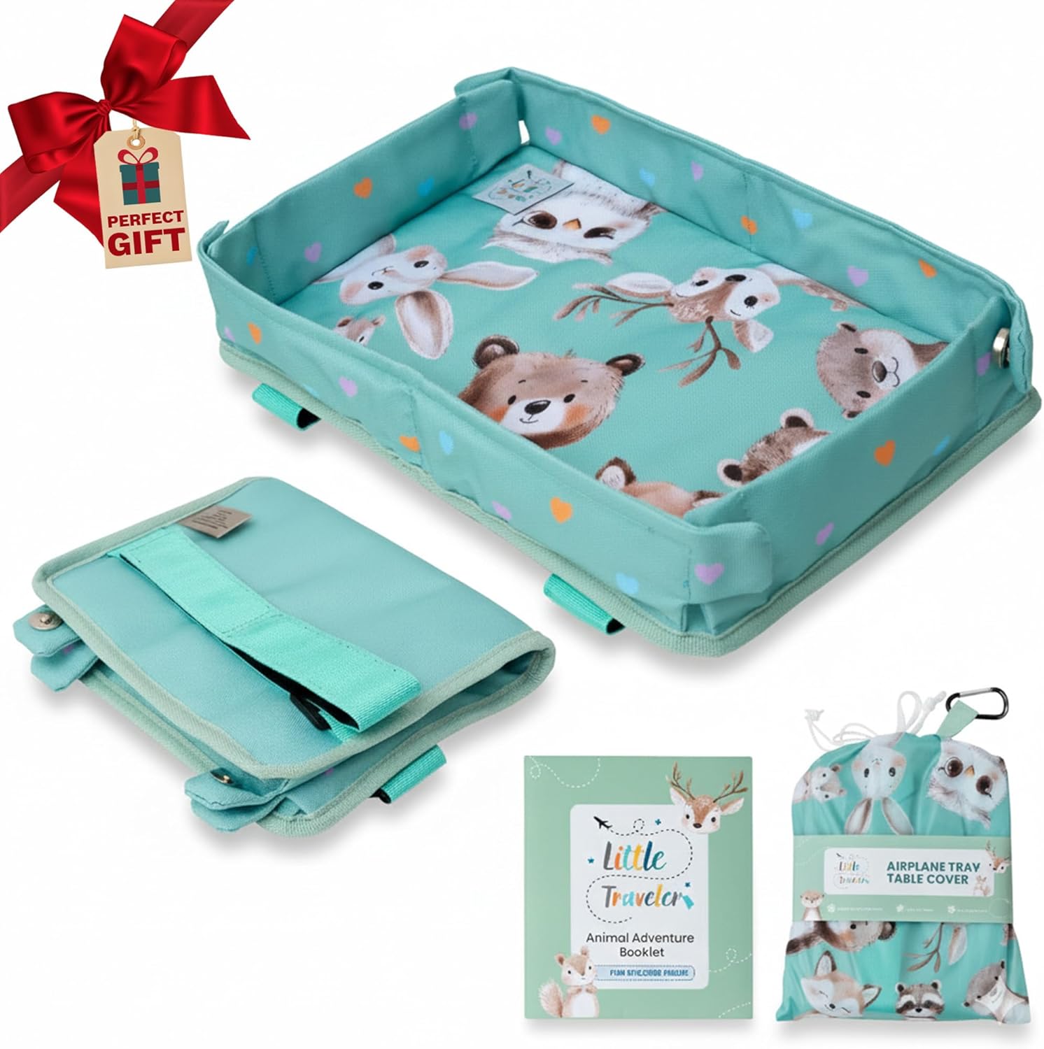 Lusso Gear Little Traveler airplane tray table cover front view showing animal print pattern.