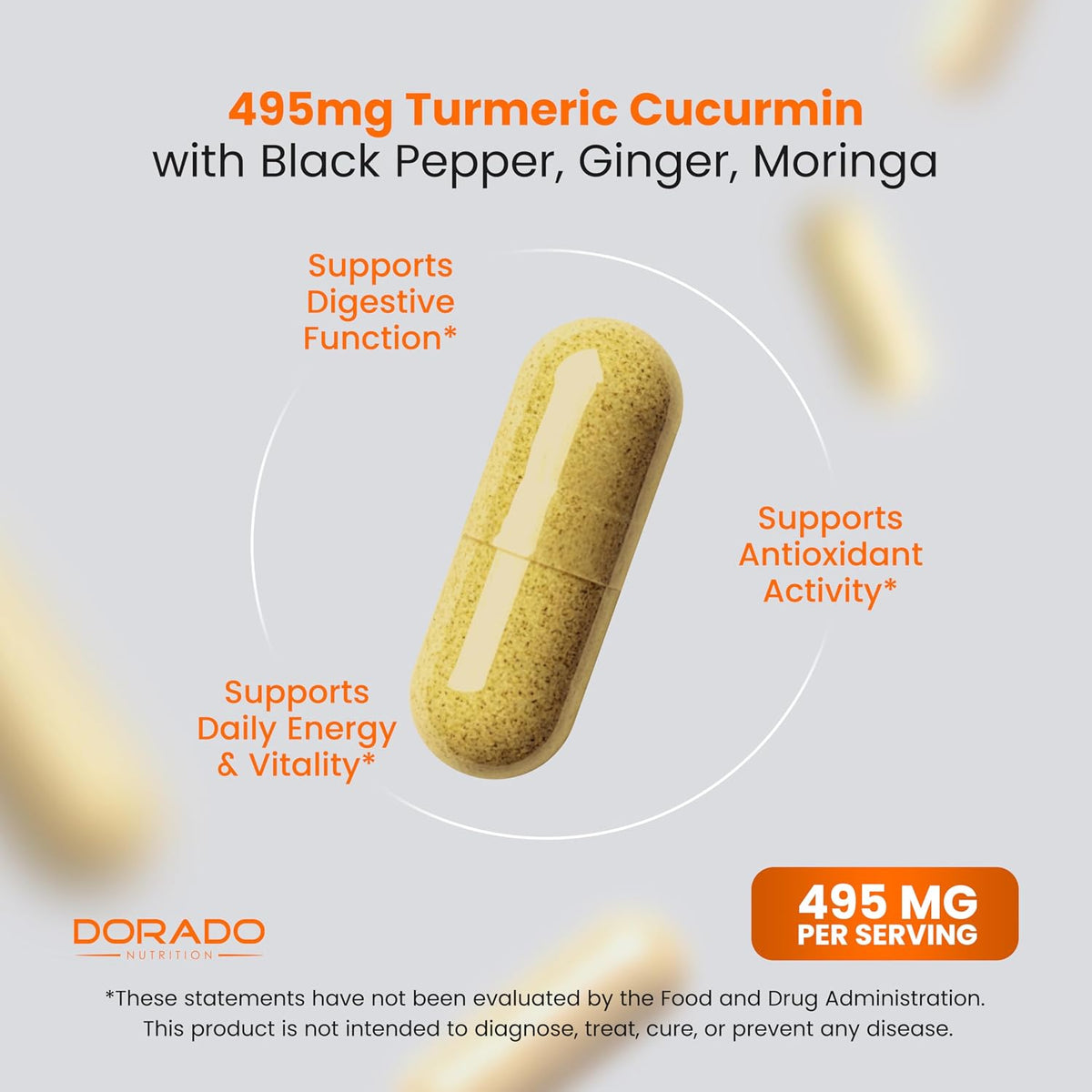 Dorado Nutrition turmeric bottle side view showing ingredients