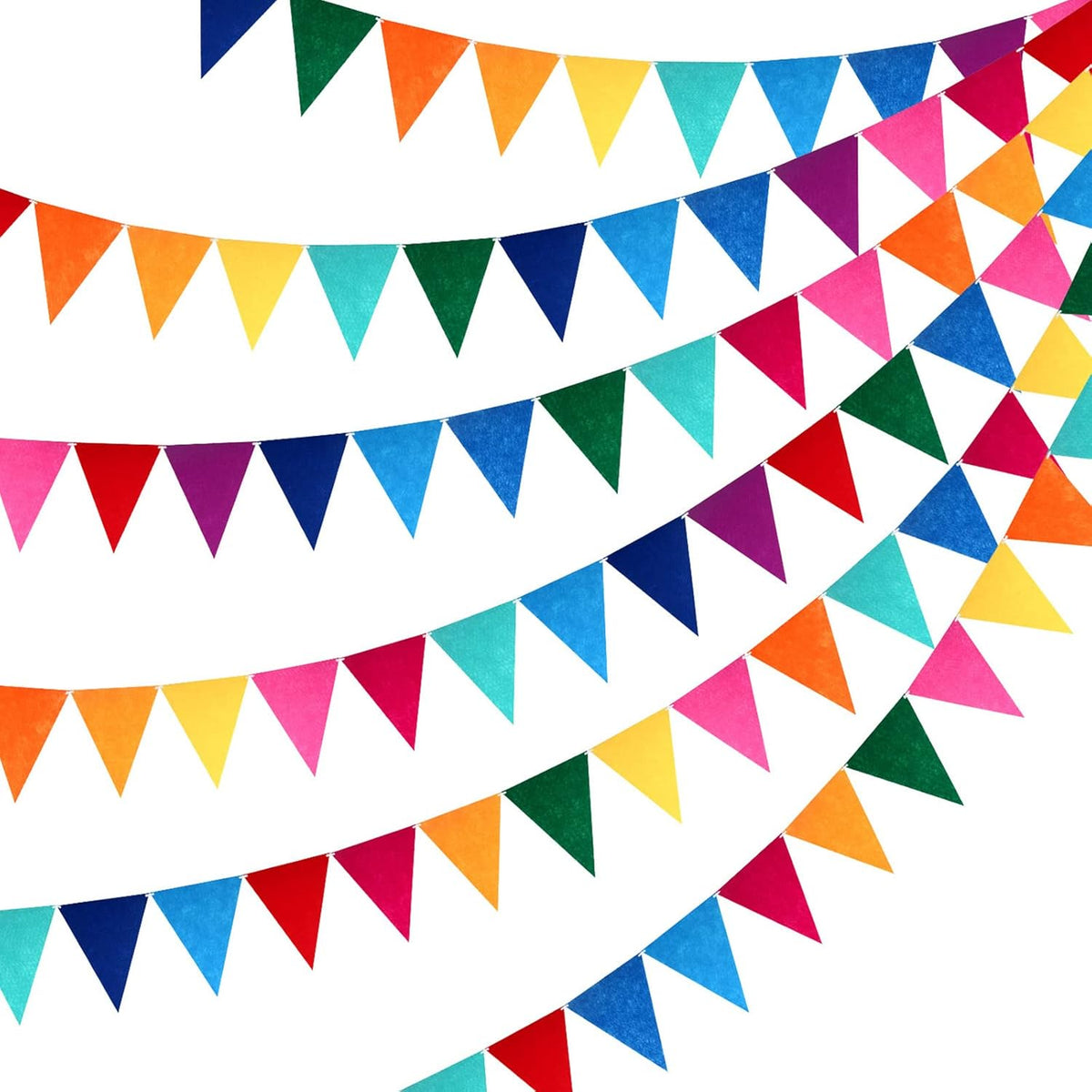 Incrizma Outus rainbow pennant banner flags front view hanging for birthday party decorations.
