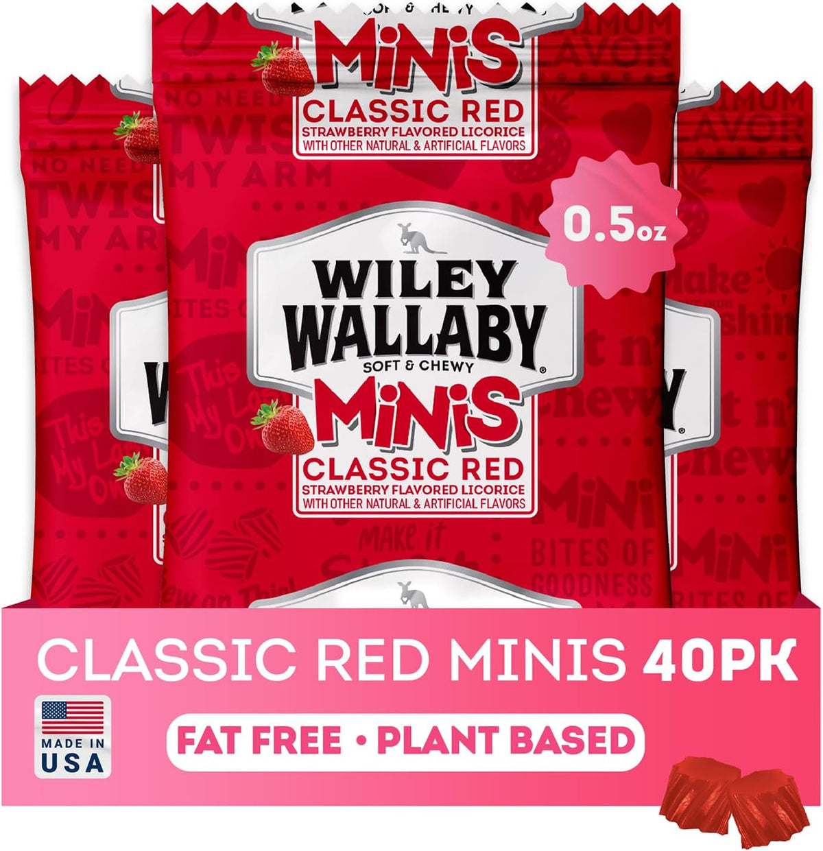 Wiley Wallaby Mini Licorice Bites 40 pack front view containing individually wrapped strawberry candy bags
