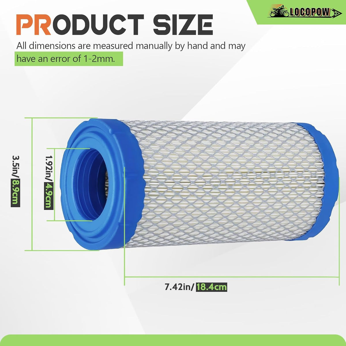 LOCOPOW air filter showing pleated paper filtration media