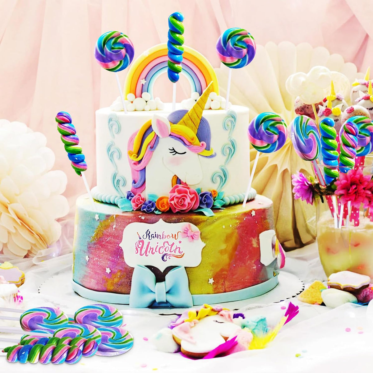 Individually wrapped multi color spiral twist candy pops for unicorn theme party