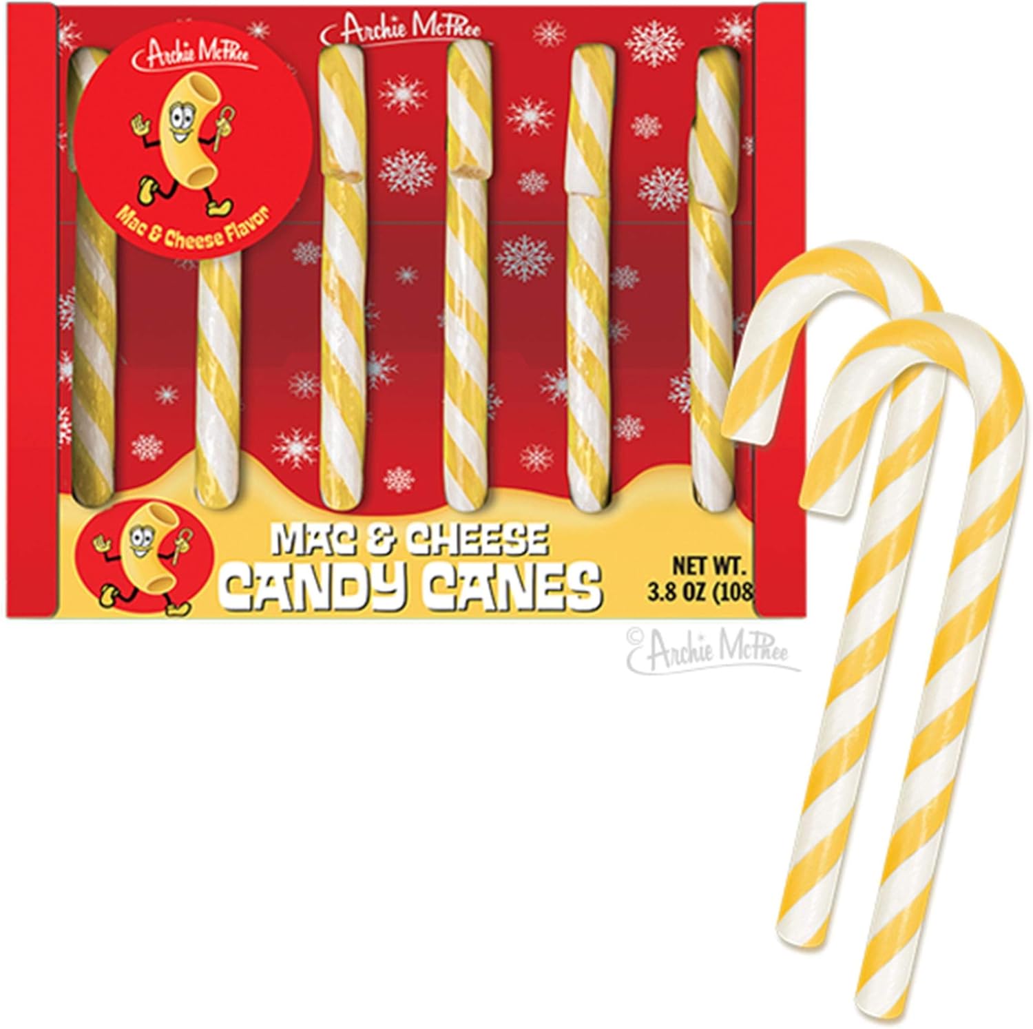 Archie McPhee Accoutrements Macaroni and Cheese Candy Canes box front view authentic imported novelty candy