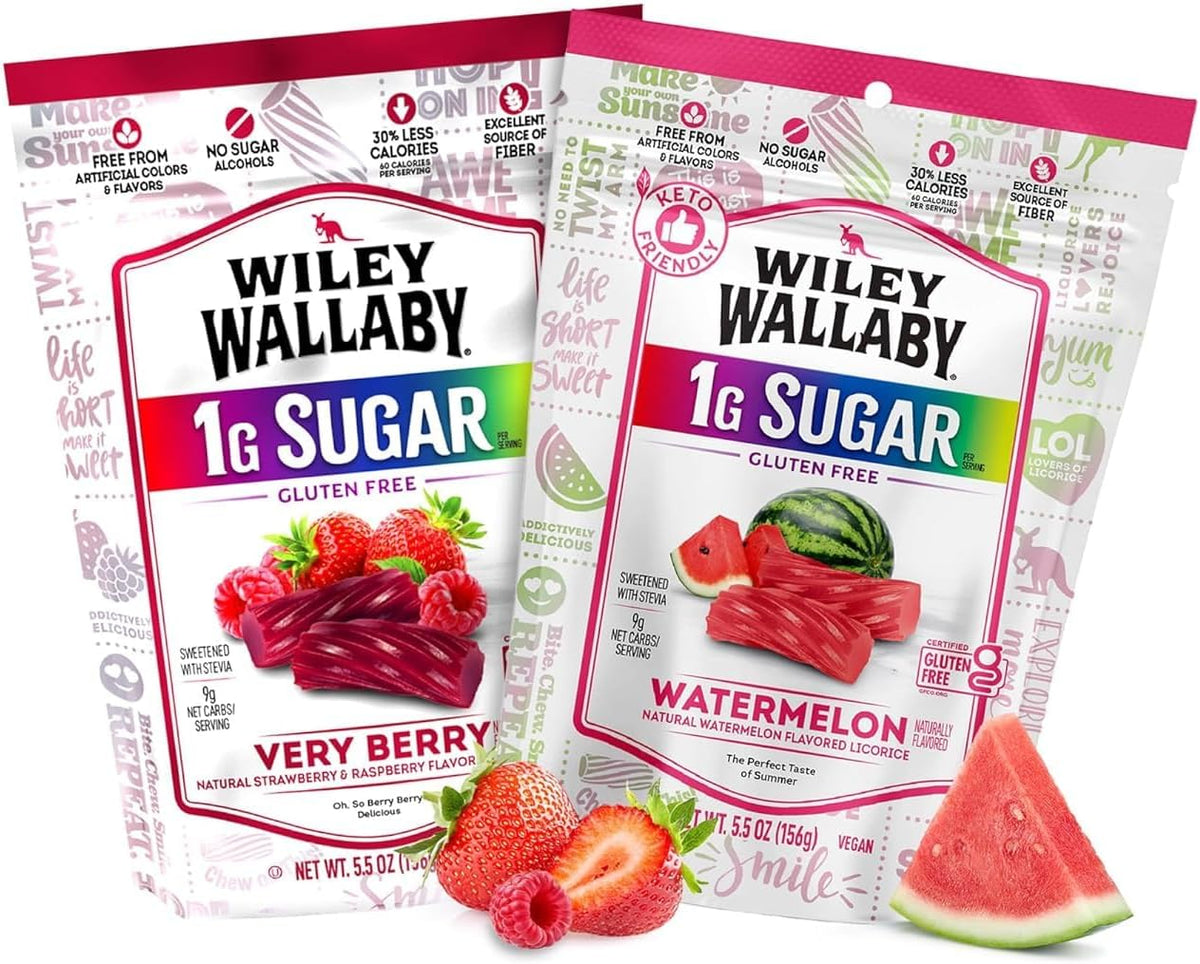 Wiley Wallaby Low Sugar Gluten Free Licorice | Soft Chewy Licorice | Watermelon and Very Berry Flavors | 5.5 Ounce | 2 Pack - Image 12