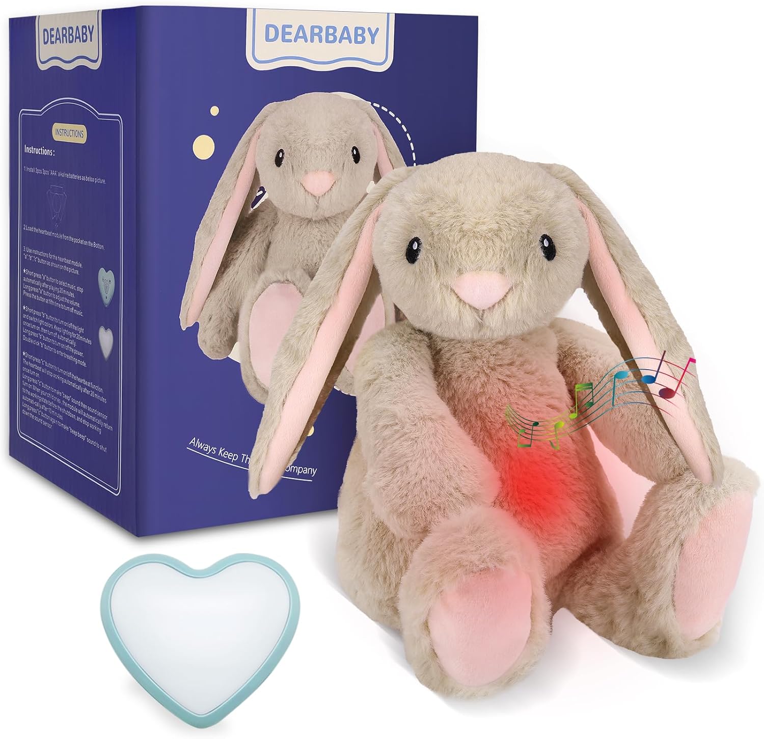 Dearbaby baby cry activated sensor heartbeat bunny plush toy front view in nursery setup.