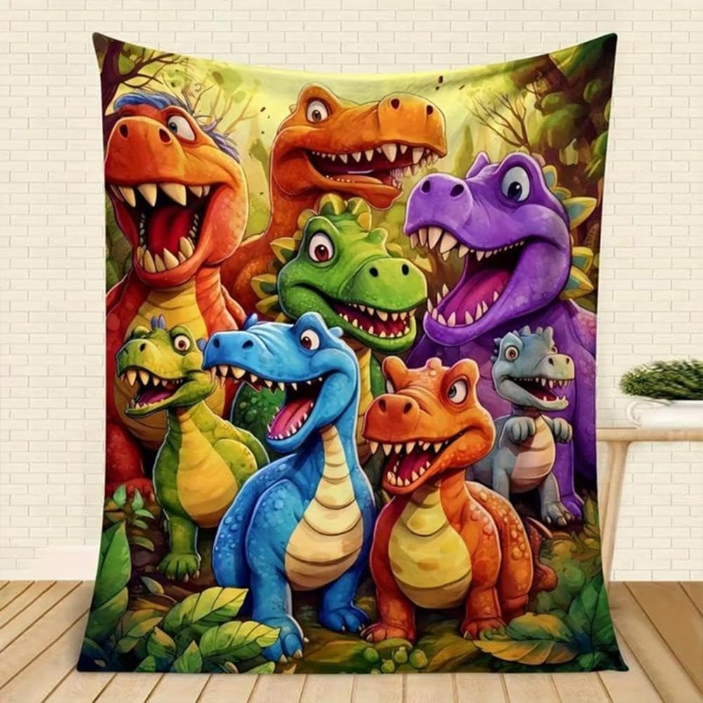 Cielo Meraviglioso dinosaur flannel blanket front view featuring vibrant smiling cartoon dinosaurs printed on soft fleece.