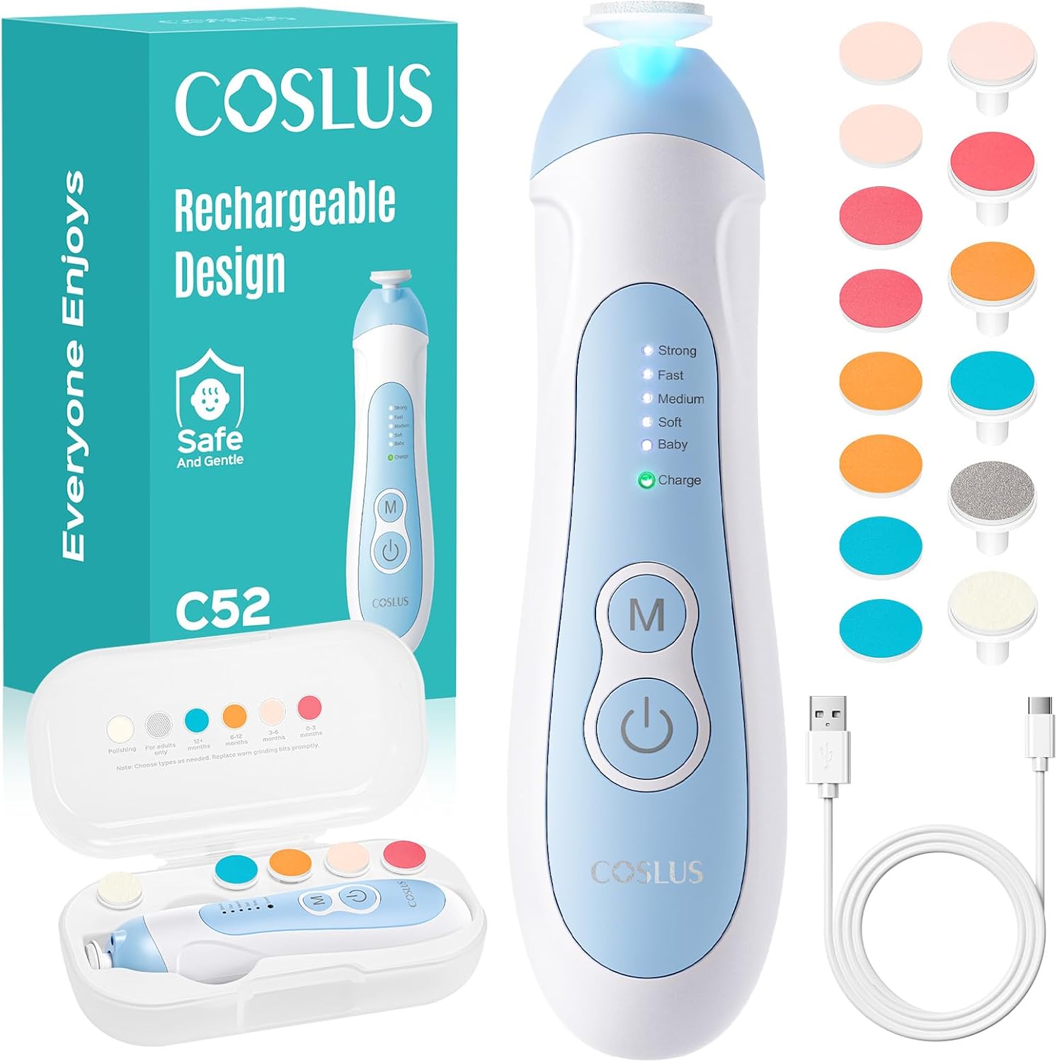 COSLUS C52 rechargeable baby nail file front view showing the blue and white cordless body.