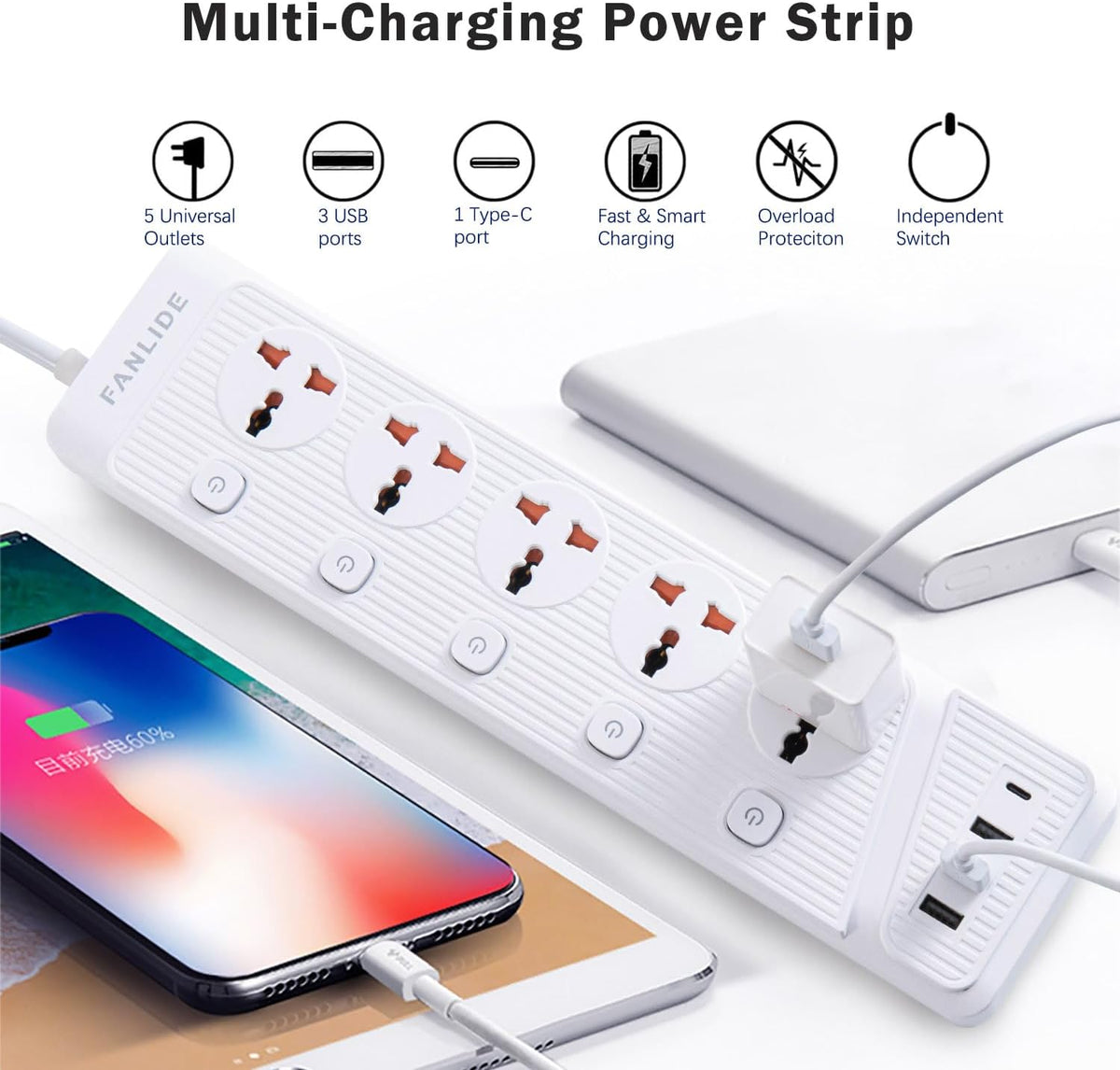 Fanlide power strip USB ports and switches close-up